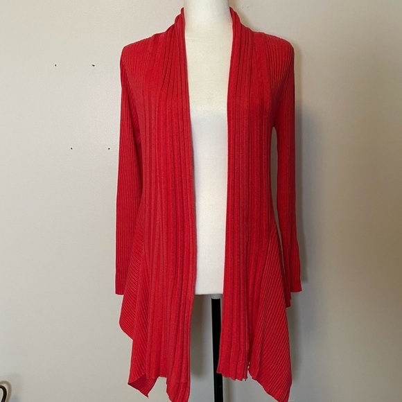 Coral Coloured Long Open Cardigan Open work Knitting - Picture 12 of 16